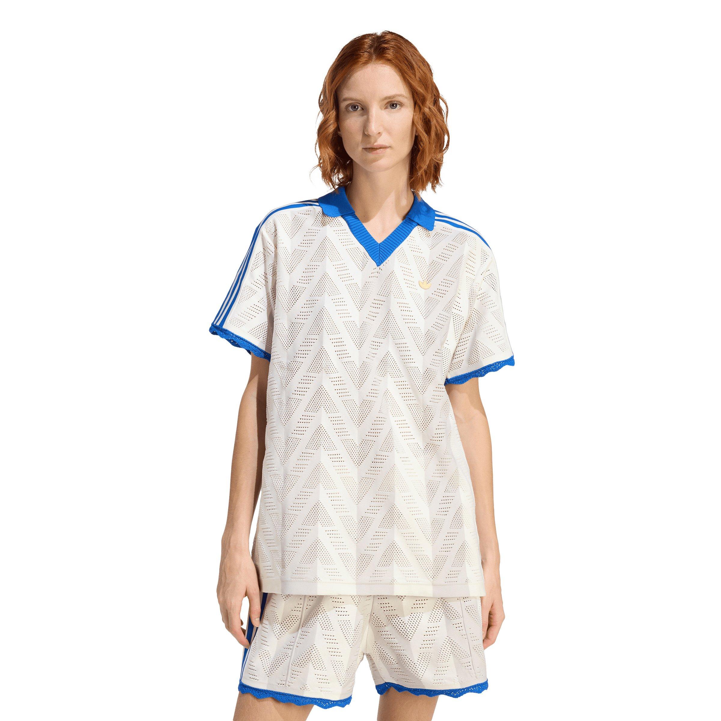 adidas Originals Women's Short-Sleeve Polo Tee - Off-White/Blue - OFF-WHITE/BLUE